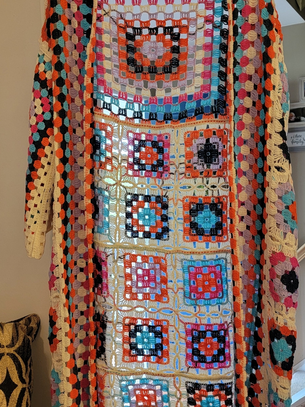 POL Multicolor Crochet Granny Square Cardigan in Cream, Black, Orange, Blue